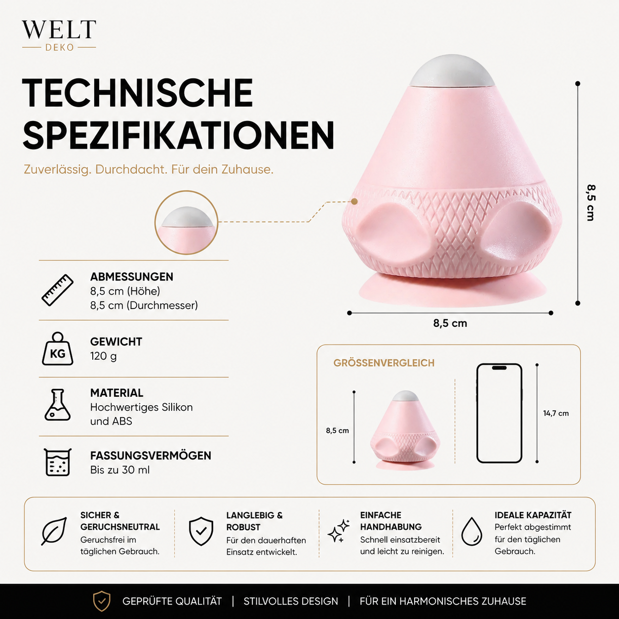 Alle wichtigen technischen Daten der Silikon-Nachtlampe auf einen Blick – kompakte Maße, hochwertiges Material, leichtes Gewicht und durchdachtes Design für den täglichen Gebrauch.