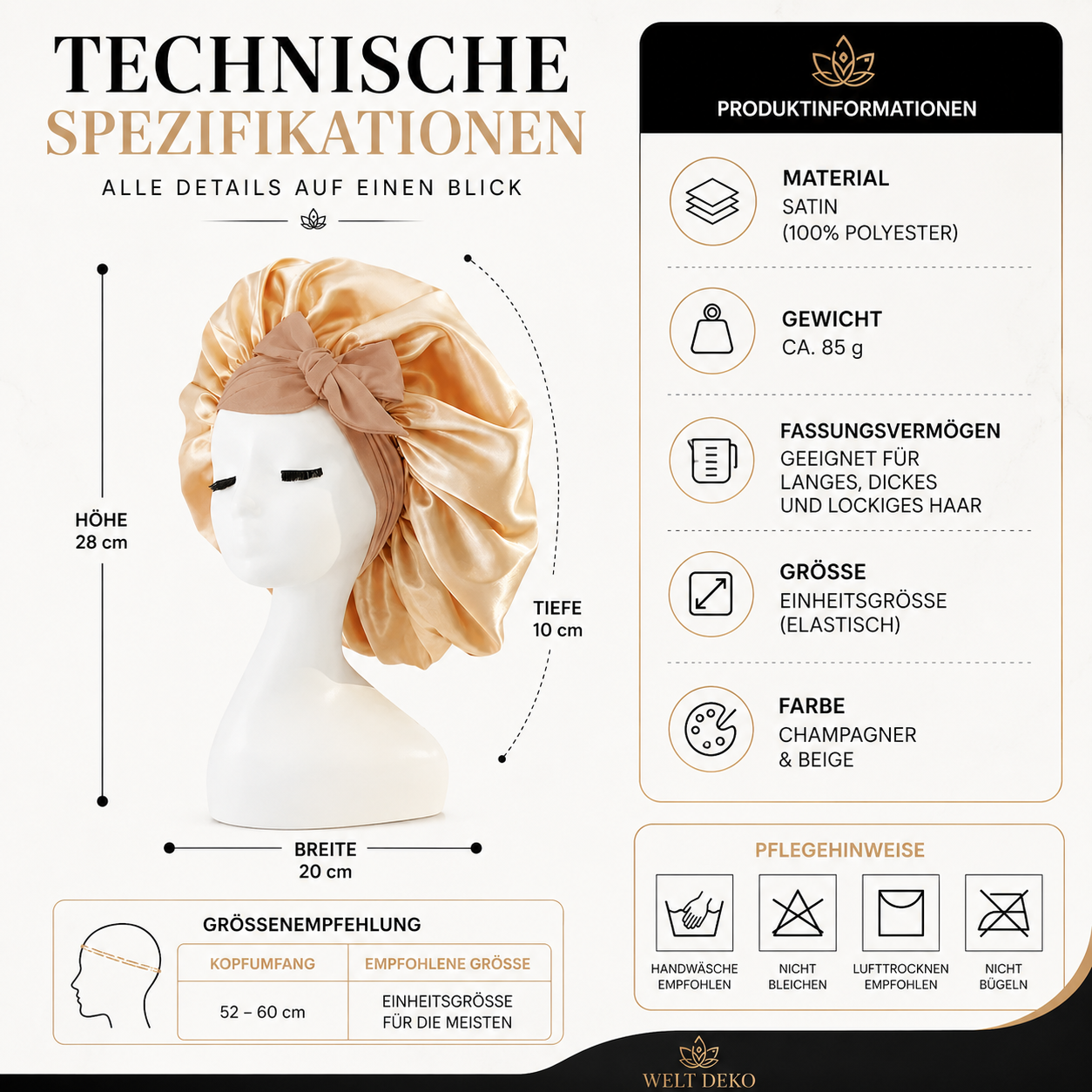 Diese Satin-Schlafhaube überzeugt mit einer großzügigen Einheitsgröße und elastischem Sitz, der für die meisten Kopfgrößen geeignet ist.