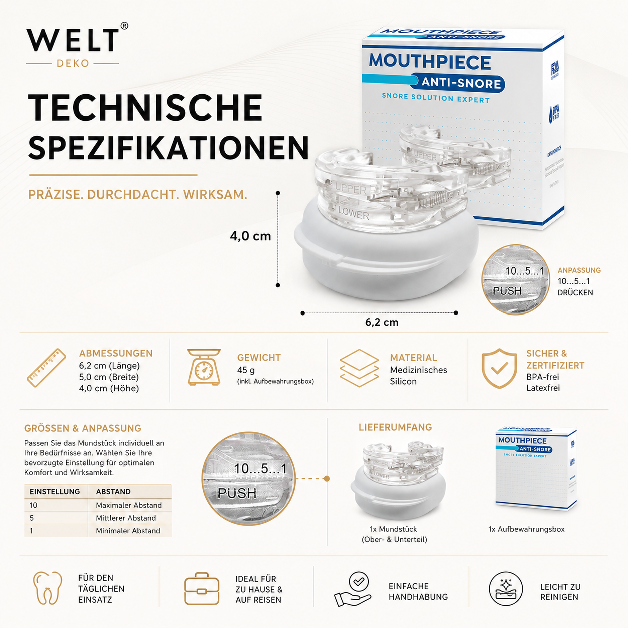 Alle technischen Details des Anti-Schnarch-Mundstücks auf einen Blick – inklusive Maße, Material, Gewicht, Lieferumfang und verstellbarer Passform.
