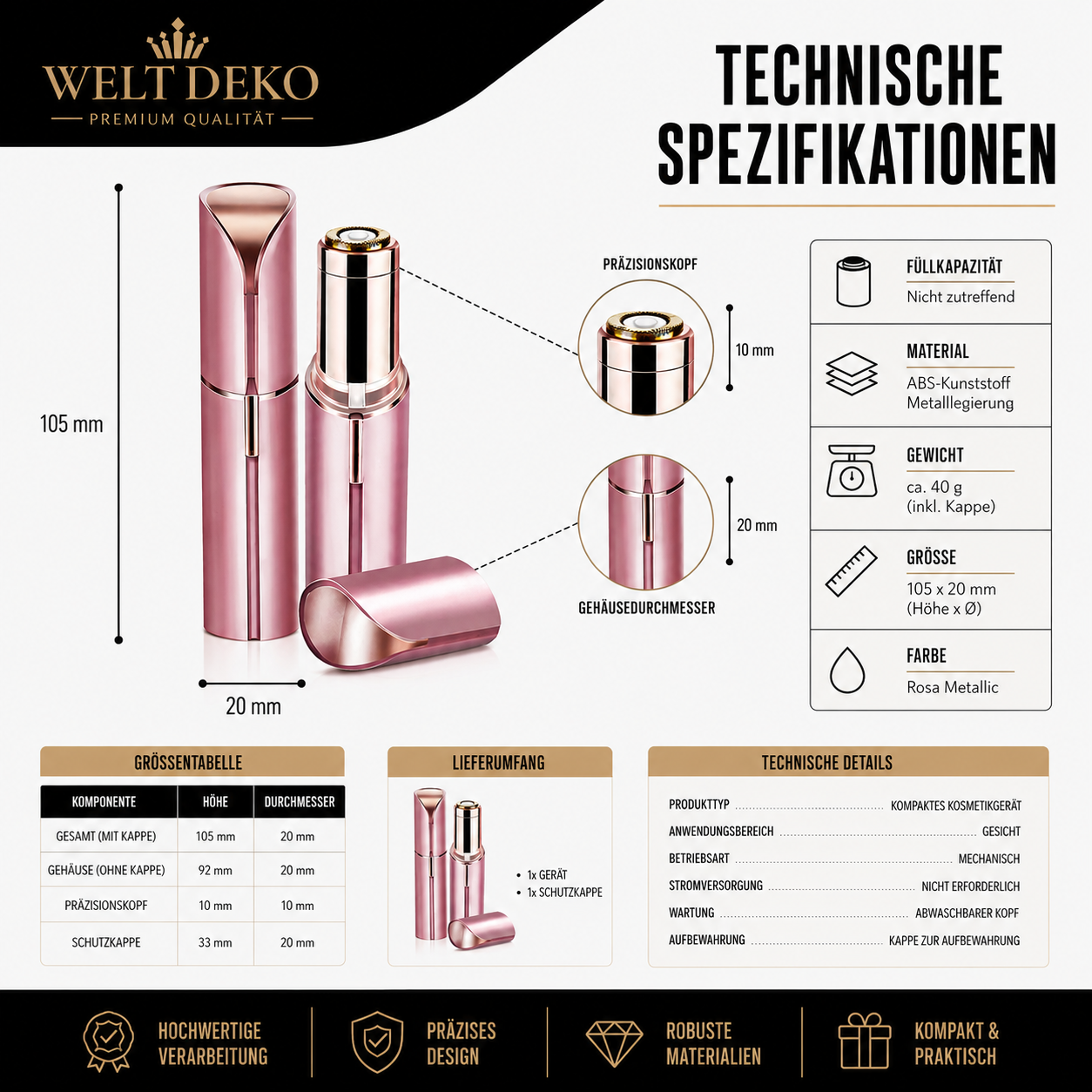 Übersicht der technischen Daten des elektrischen Gesichtshaarentferners mit Angaben zu Größe, Gewicht, Material, Farbe und Lieferumfang. Alle wichtigen Produktinformationen auf einen Blick.