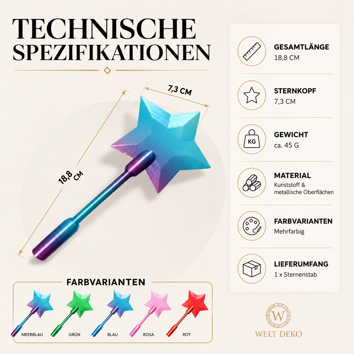 Infografik mit den wichtigsten Produktdaten wie Größe, Gewicht, Material, Farbvarianten und Lieferumfang des magischen Sternenstabs.