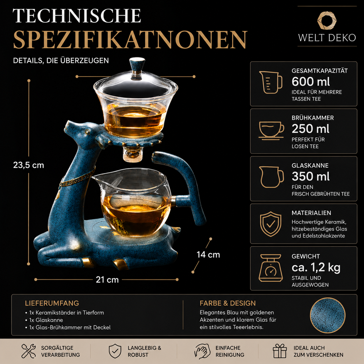 Technische Infografik mit Maßen, Materialien und Spezifikationen der eleganten Glas-Teekanne.