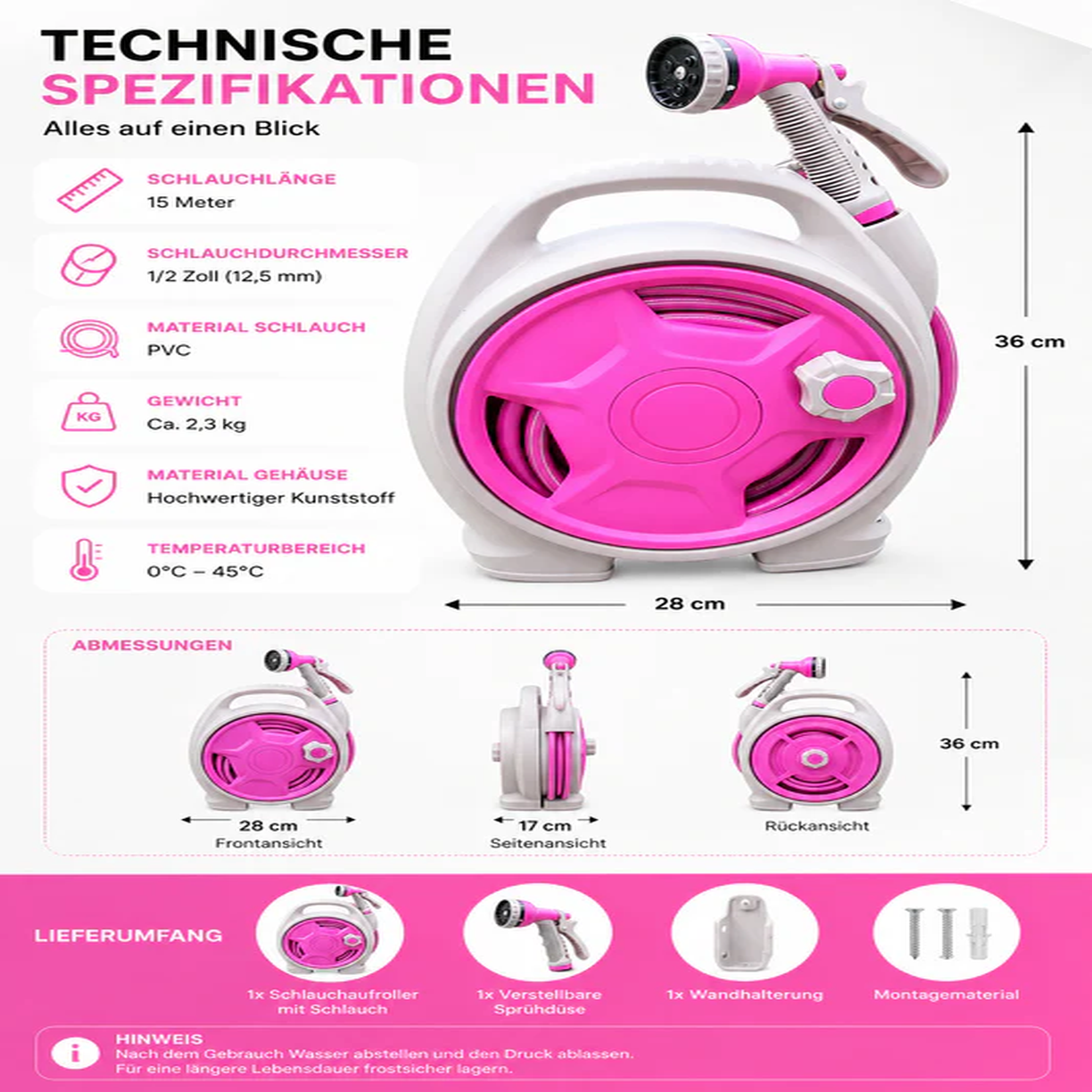 Infografik mit Abmessungen, Material, Schlauchlänge, Gewicht und Lieferumfang des Gartenschlauchaufrollers.