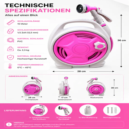 Infografik mit Abmessungen, Material, Schlauchlänge, Gewicht und Lieferumfang des Gartenschlauchaufrollers.