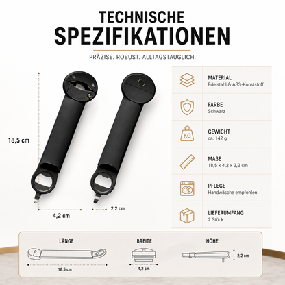 Übersicht der technischen Daten des Multifunktions-Dosenöffners mit Maßen, Gewicht, Materialien und Pflegehinweisen. Robuste Konstruktion aus Edelstahl und ABS-Kunststoff für eine langlebige und zuverlässige Nutzung im Alltag.
