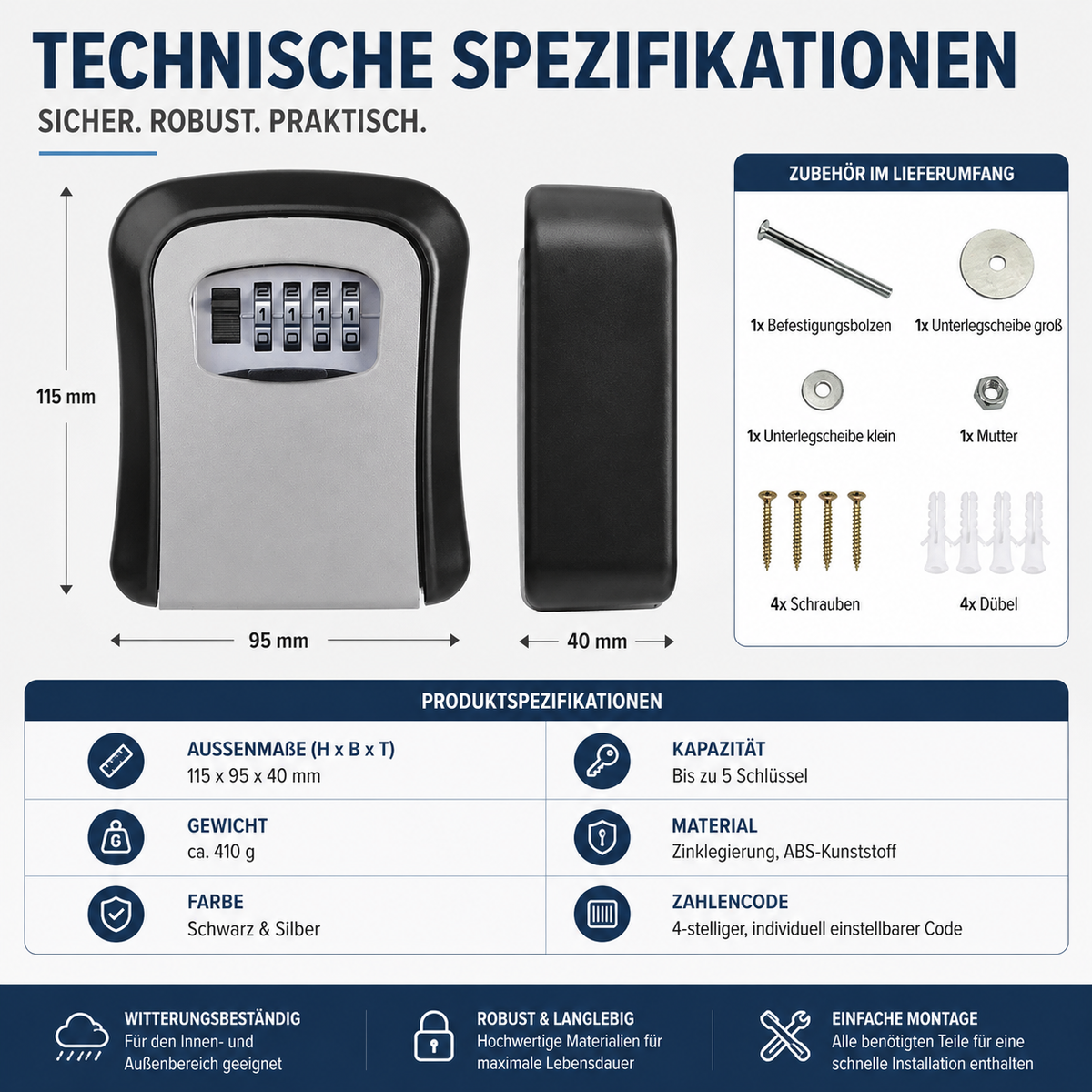 Technische Spezifikationen des Schlüsselsafes mit Abmessungen, Material und Montageinformationen.
