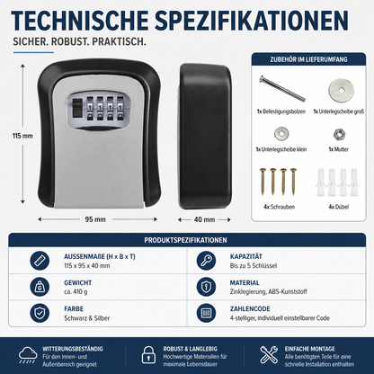 Technische Spezifikationen des Schlüsselsafes mit Abmessungen, Material und Montageinformationen.