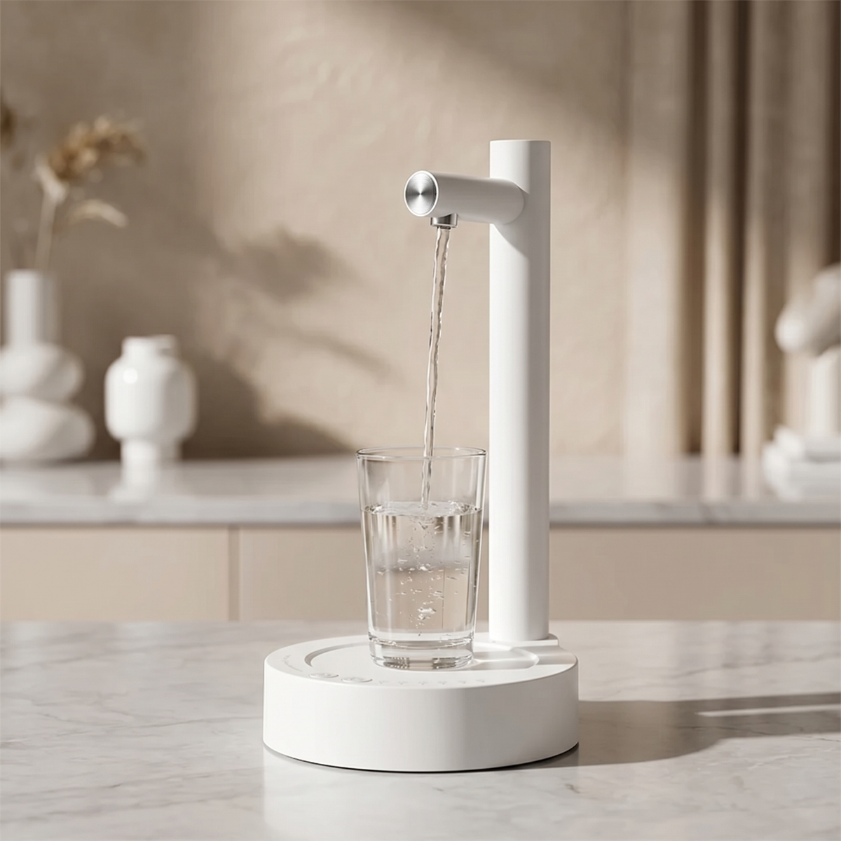 Automatic soap dispenser displayed on a bathroom sink with a clean and elegant interior background.