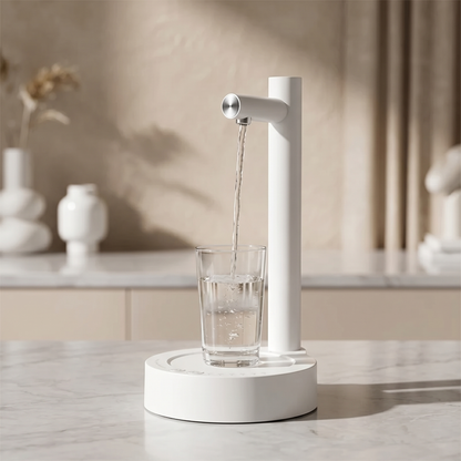 Automatic soap dispenser displayed on a bathroom sink with a clean and elegant interior background.