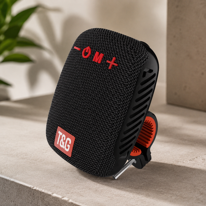 Schwarzer tragbarer Bluetooth-Lautsprecher mit praktischem Befestigungsclip für unterwegs und Outdoor