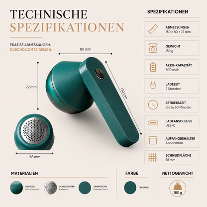 Dieser wiederaufladbare Fusselentferner besticht durch sein kompaktes, ergonomisches Design und bietet effiziente Reinigungsleistung bei gleichzeitig geringem Gewicht und einfacher Handhabung. Jedes Detail ist auf komfortable Anwendung und zuverlässige Textilpflege ausgelegt.