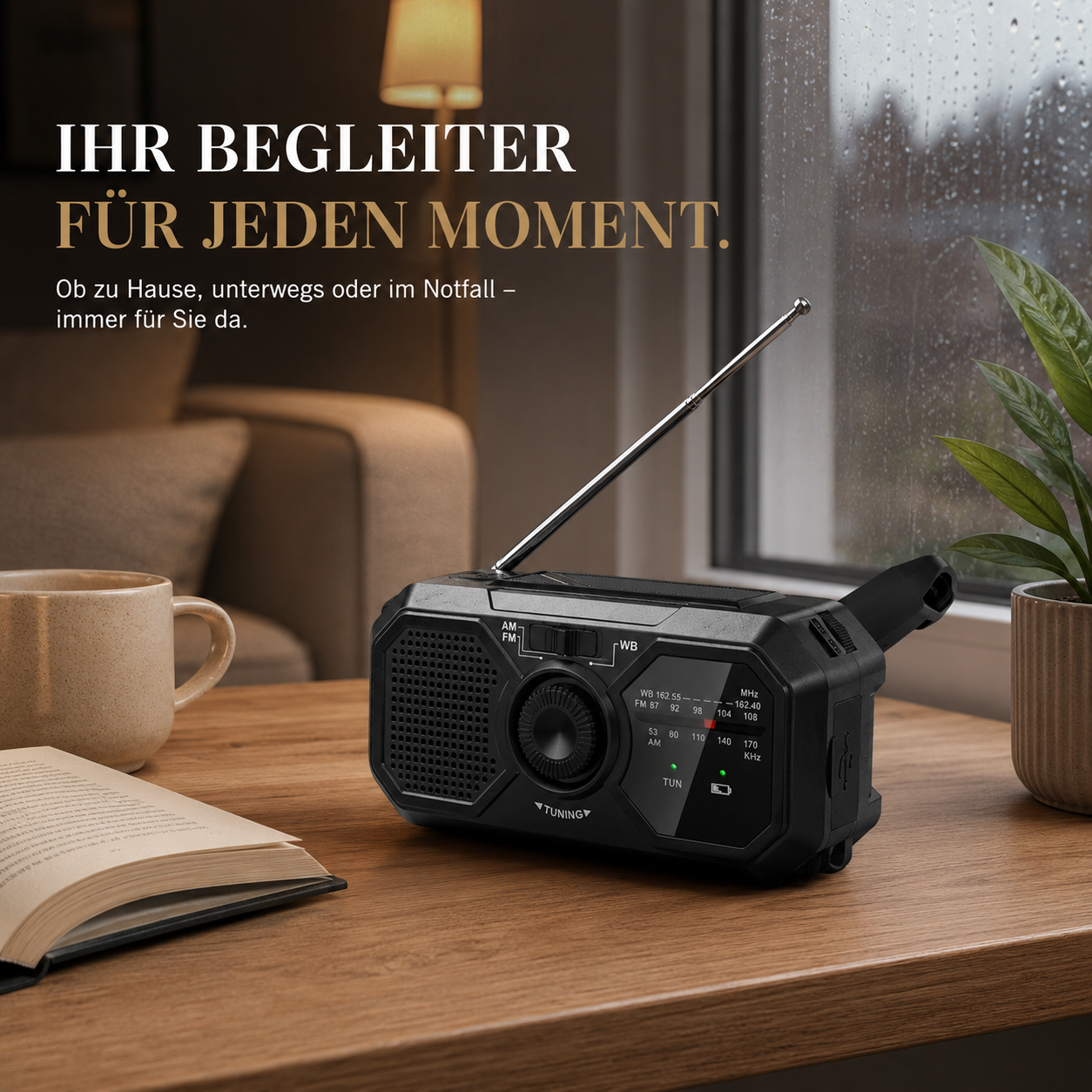 Kompaktes Retro-Bluetooth-Radio auf einem Tisch in einem modernen Wohnzimmer.
