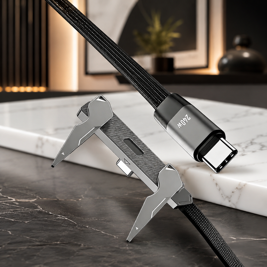 Hochwertiges USB-C Ladekabel mit robustem Nylongeflecht und integriertem, klappbarem Metall-Handyhalter. Modernes Design, langlebige Verarbeitung und ideal für den täglichen Gebrauch.