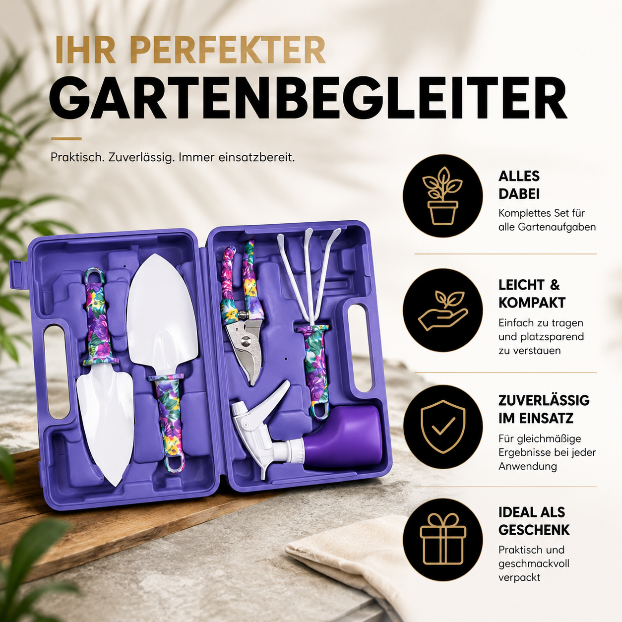Gartenwerkzeug-Set mit Schaufeln, Rechen, Handschuhen und weiterem Zubehör für die Pflanzenpflege.