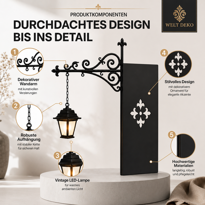 Vintage LED Bibliothekslampe im Retro-Design mit dekorativer Wandhalterung und hervorgehobenen Produktmerkmalen.