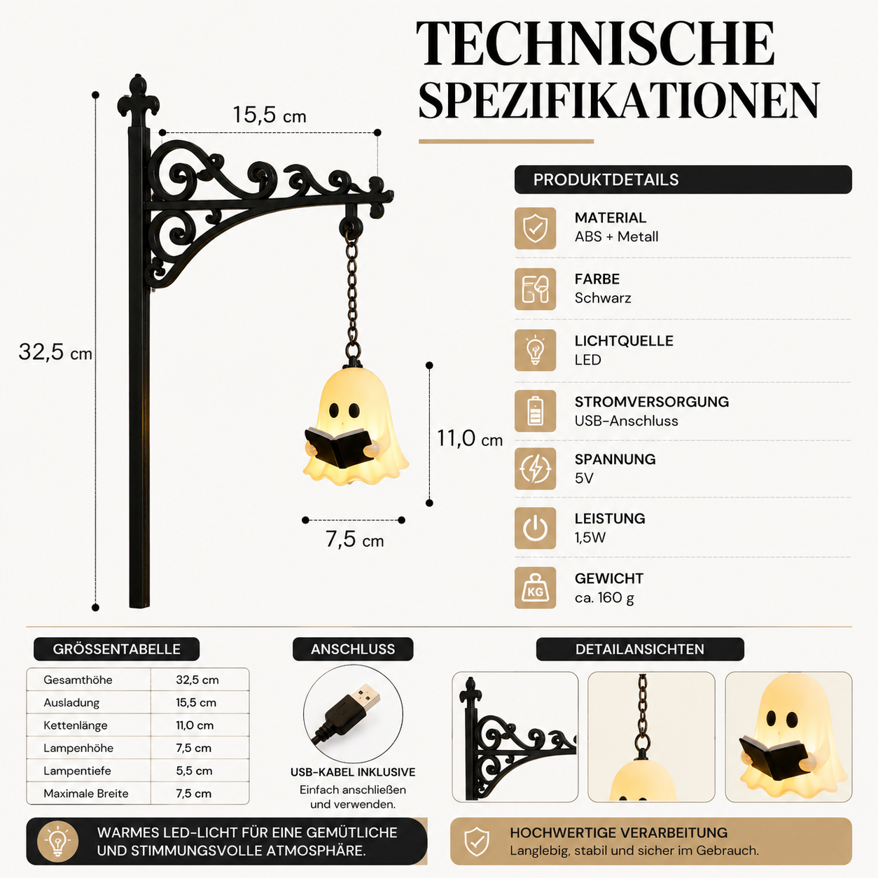 Technische Übersicht der Vintage LED Bibliothekslampe mit Abmessungen, Materialangaben und Produktdetails.