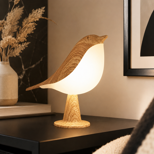 Elegante Vogel-Tischlampe aus Holz mit warmweißem LED-Licht auf einem Nachttisch im modernen Wohnraum.