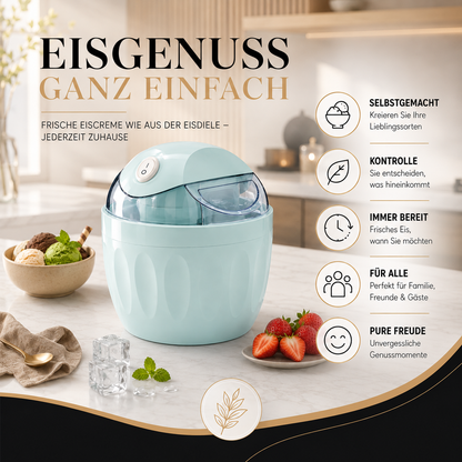 Infografik mit den wichtigsten Vorteilen der Mini Eiscreme-Maschine für hausgemachte Eiscreme und einfache Zubereitung.