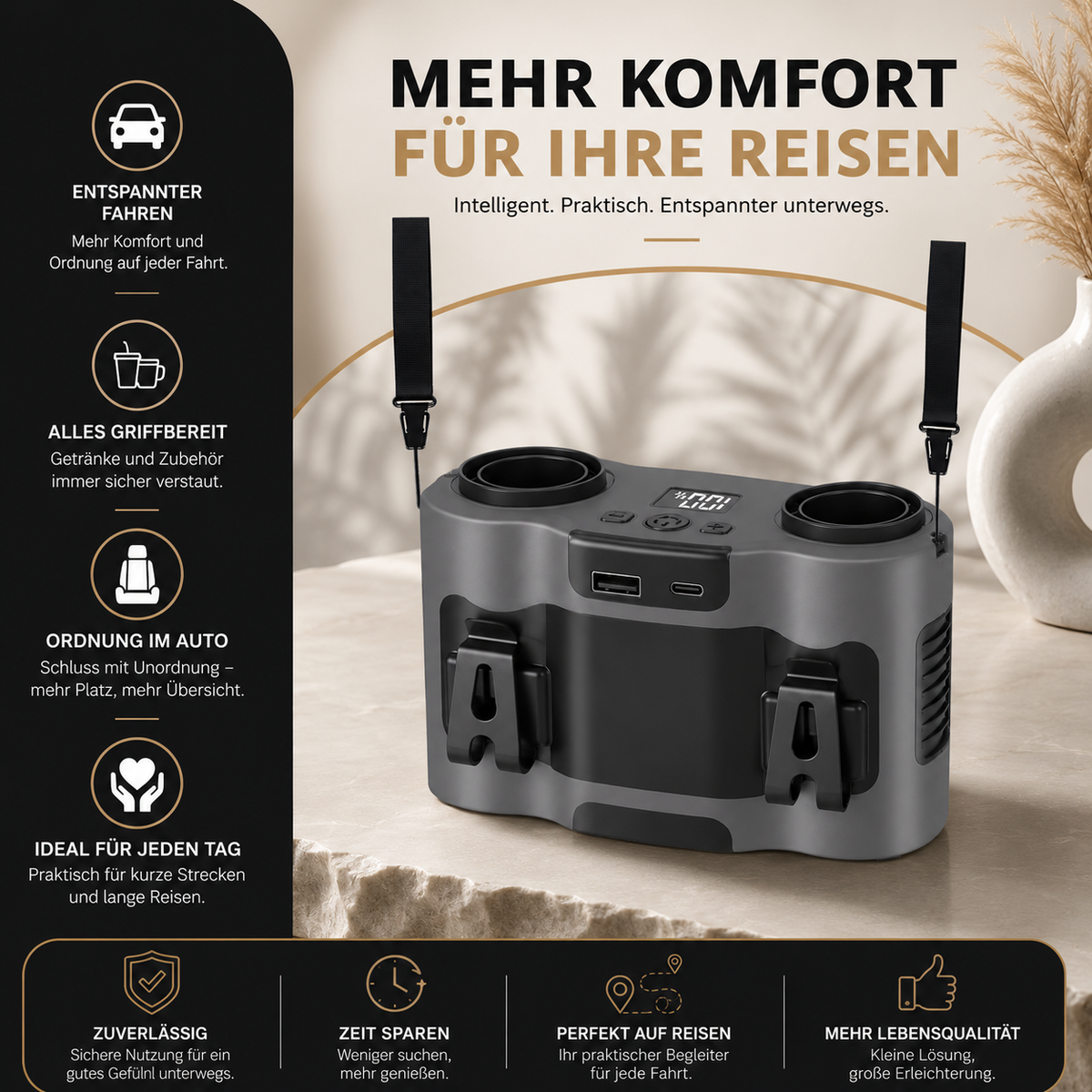 Infografik mit den wichtigsten Vorteilen der tragbaren elektrischen Luftpumpe