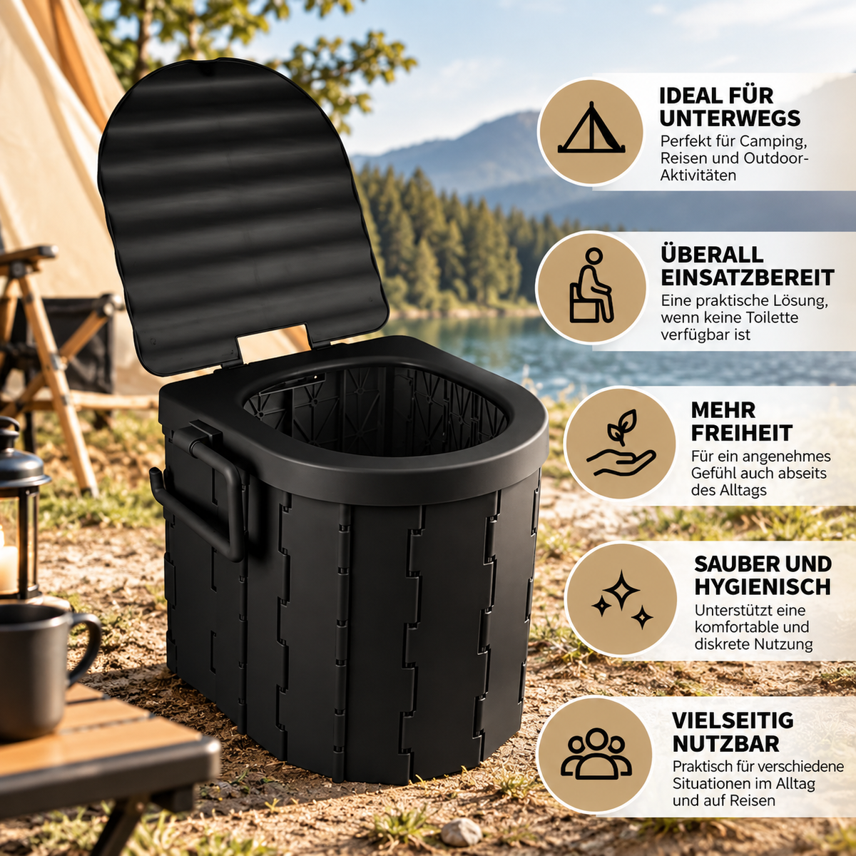 Faltbare Campingtoilette mit übersichtlicher Darstellung der wichtigsten Vorteile
