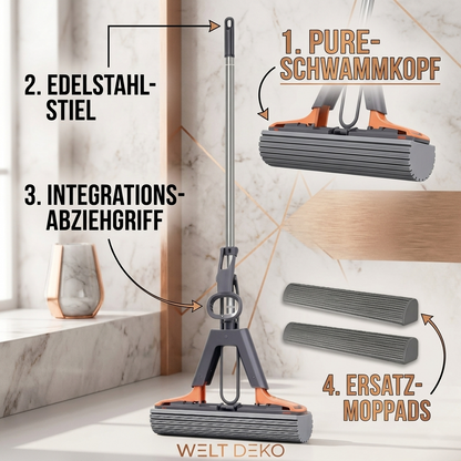 Infografik mit den wichtigsten Eigenschaften und Vorteilen des flachen Bodenwischers