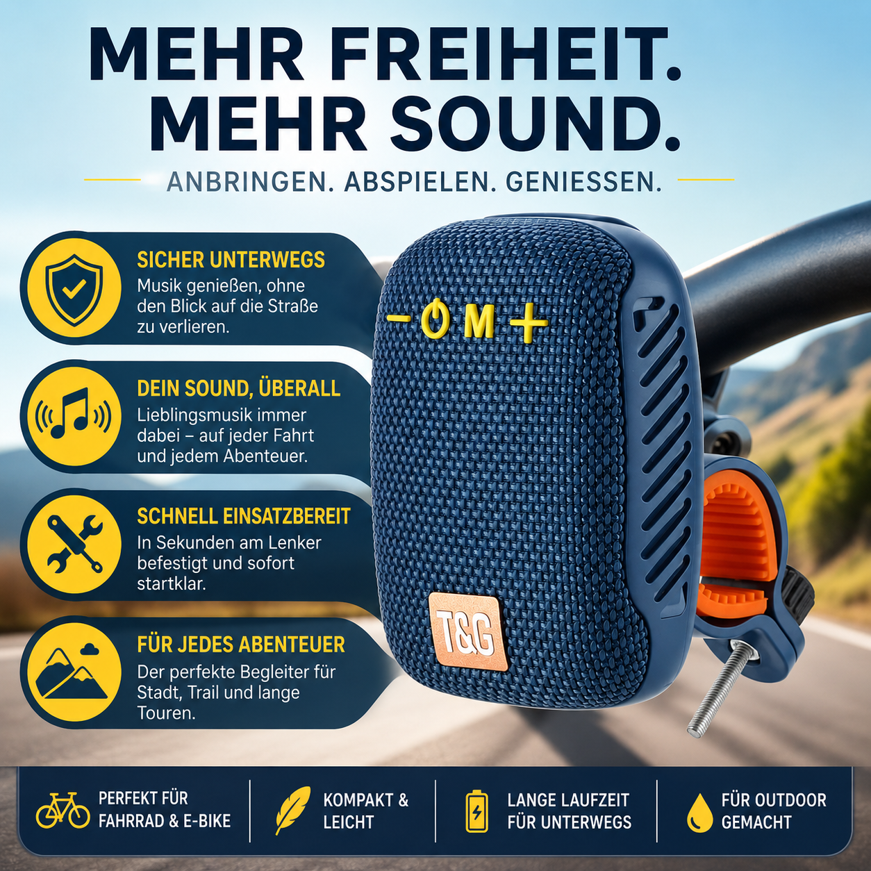 Infografik mit den wichtigsten Vorteilen des tragbaren Bluetooth-Lautsprechers