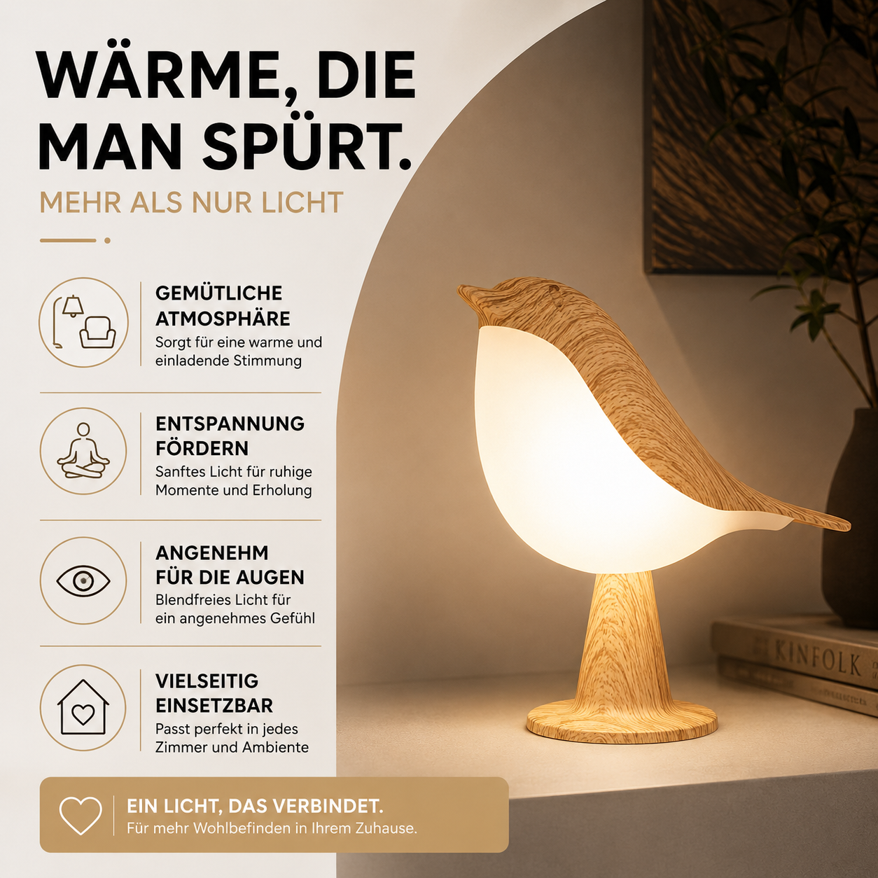 Infografik zur Vogel-Tischlampe mit Informationen über warmes, angenehmes Licht für entspannte Abende.