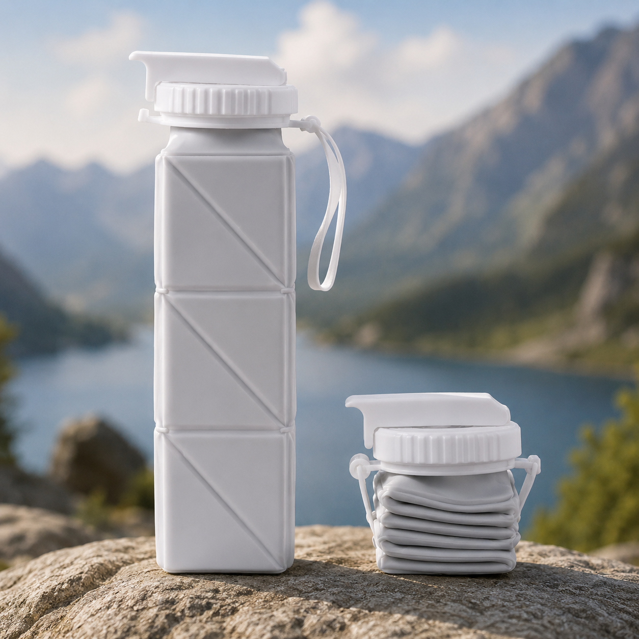 Weiße faltbare Silikon-Trinkflasche mit faltbarem Design in einer natürlichen Outdoor-Umgebung.