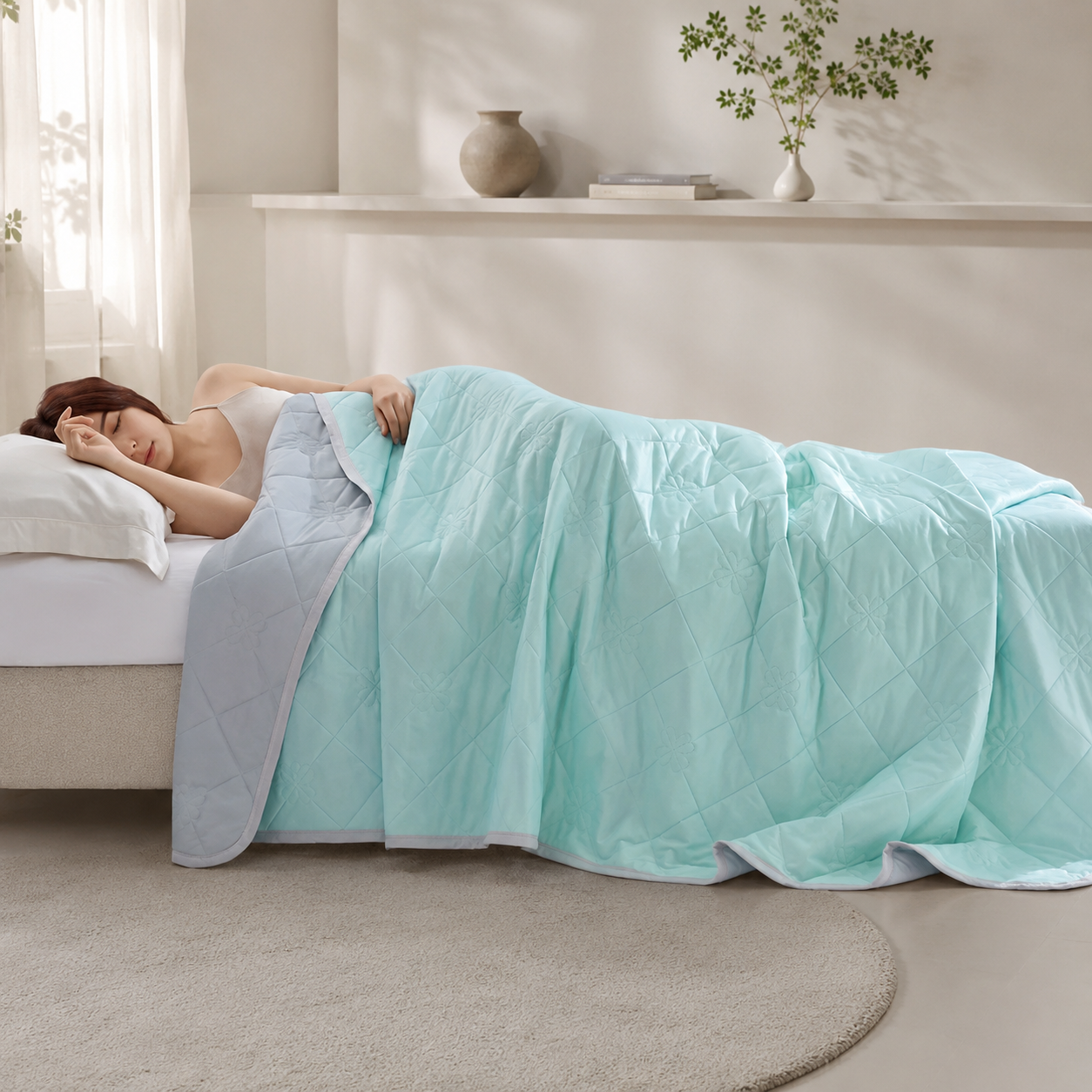 Wendbare kühlende Sommerdecke in Mint und Grau auf einem modernen Bett in einer stilvollen Schlafzimmerumgebung.