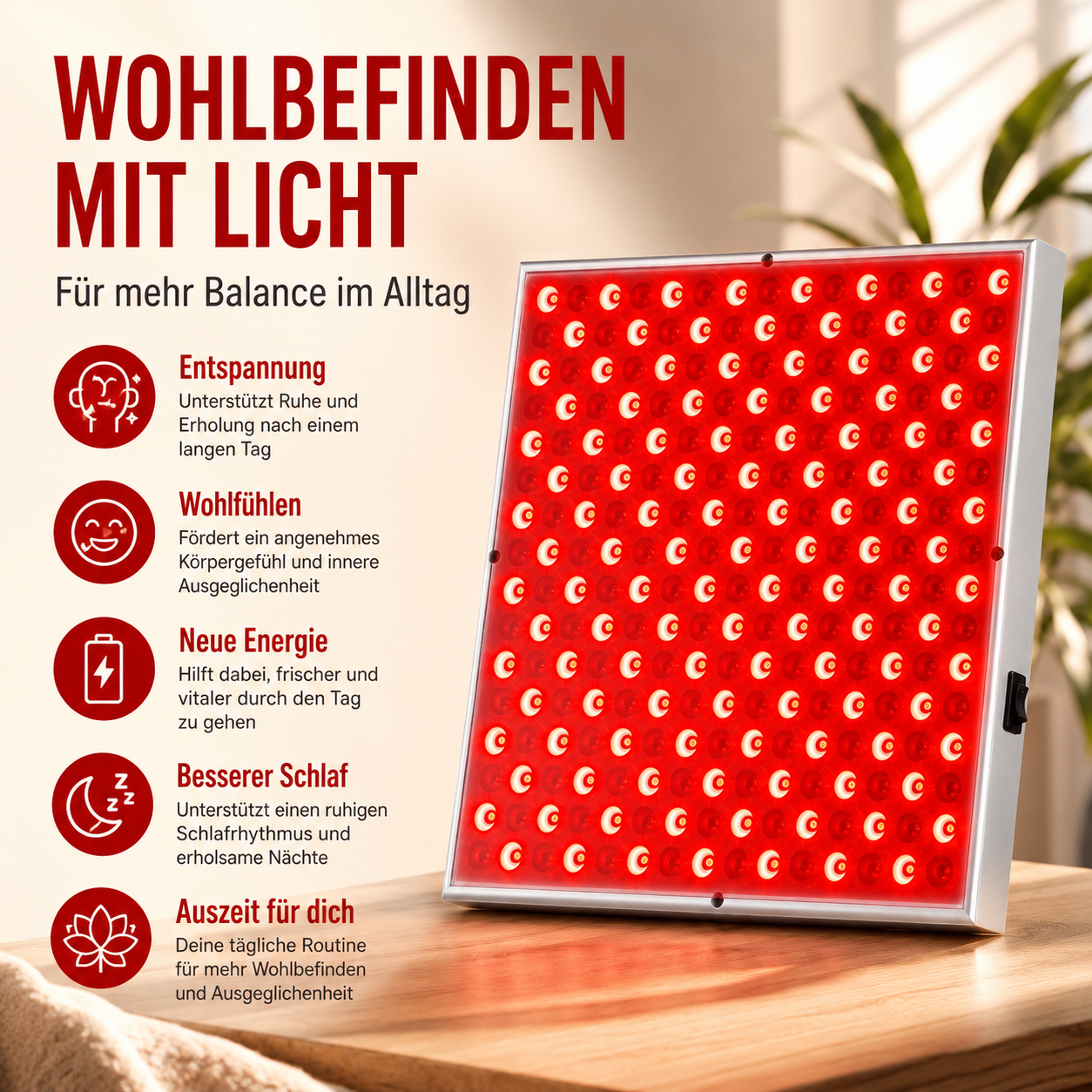 LED-Rotlichttherapie-Panel mit den wichtigsten Vorteilen und Anwendungsbereichen.