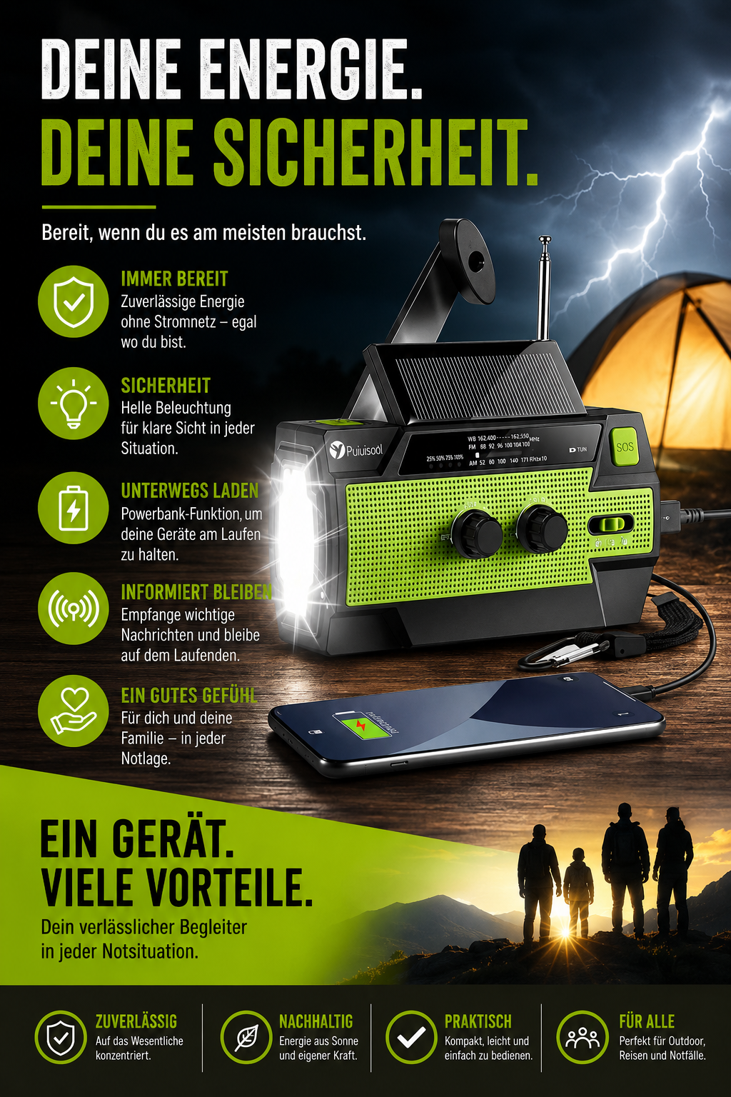 Solar-Notfallradio mit Beleuchtung und Ladefunktion für Camping, Stromausfälle und Outdoor-Abenteuer